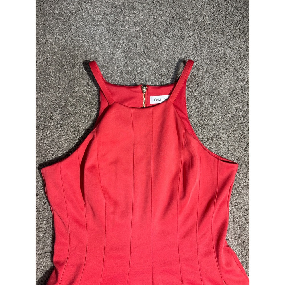 Calvin Klein Red Halter Fit and Flare Pleated Skater Dress Size 2 Gold Zipper - Picture 2 of 9